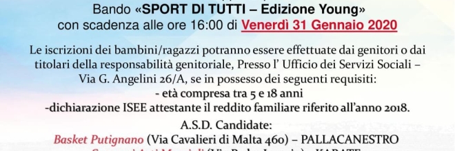 Bando SPORT DI TUTTI – Edizione Young: a Putignano attivo lo sportello di inclusione, supporto e integrazione